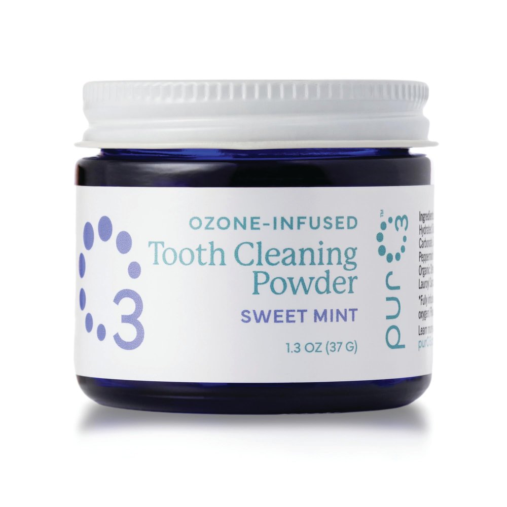 PurO3 Ozonated Toothpaste Powder Fluoride Free Organic Remineralizing Tooth & Gum Cleaning Natural Teeth Whitening & Plaque Remover Ozone Infused Coconut Oil Dental Care with Peppermint, 37g