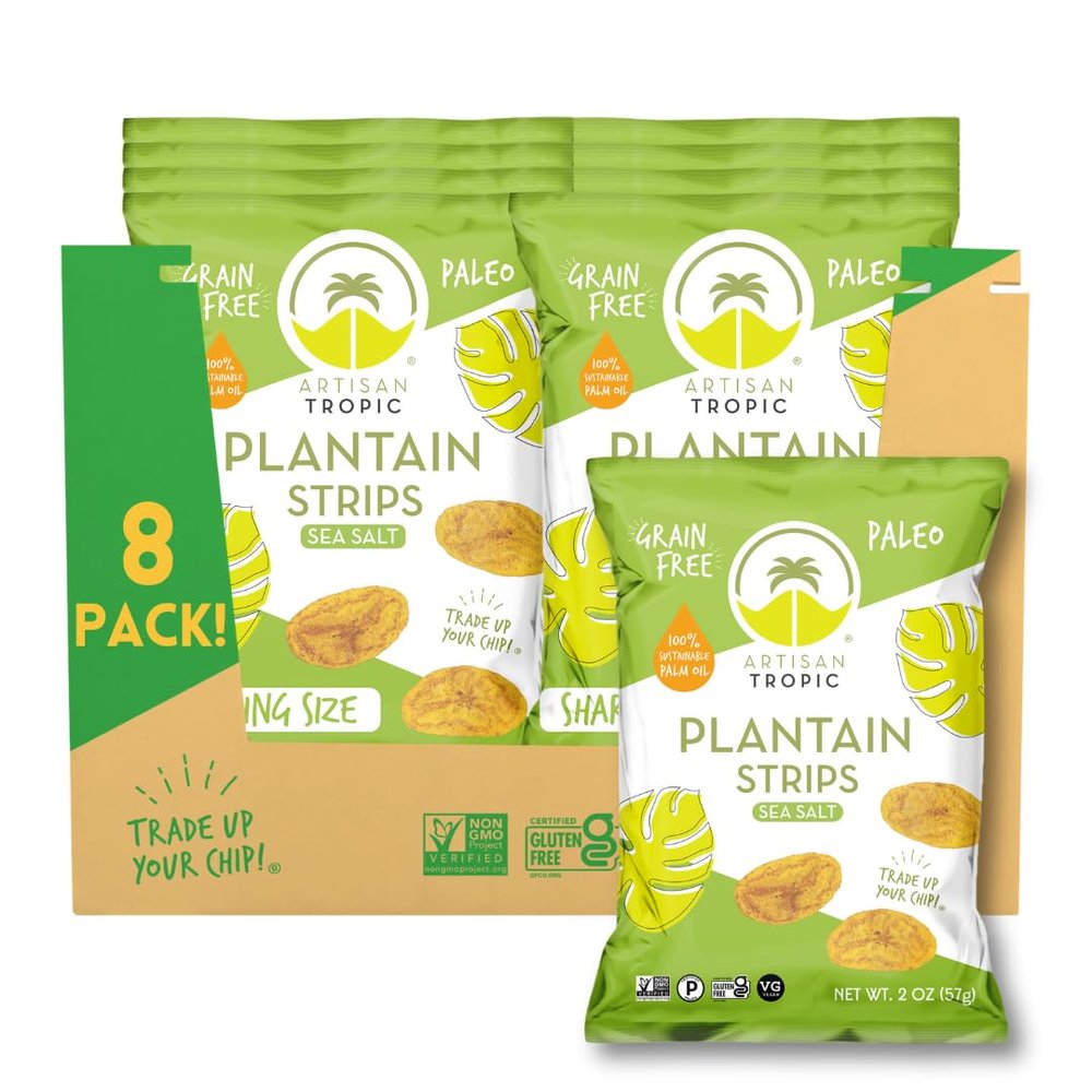 ARTISAN TROPIC Plantain Strips Sea Salt - 8 Pack, 2oz - Vegan, Paleo, Gluten Free Chips - Individual Bags Healthy Snacks for School, Gym, Kids  Whole 30 Approved Foods Baked Banana Chips
