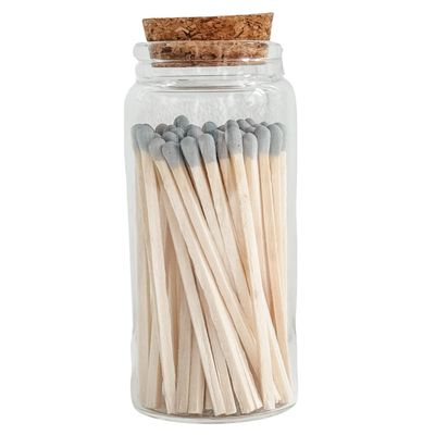 Fancy Safety Matches in 4" Glass Vial, 50 Matchsticks in Glass Jar with Striker, Home Decor Candle Accessories, Fancy Matches with Colored Tips, and Strike Pad on Base - Gray (MV50)