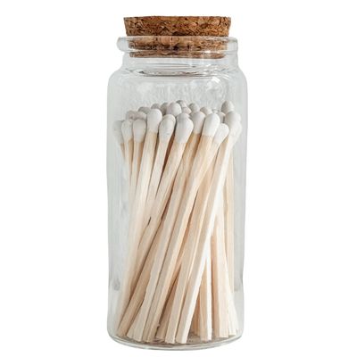 Fancy Safety Matches in 4" Glass Vial, 50 Matchsticks in Glass Jar with Striker, Home Decor Candle Accessories, Fancy Matches with Colored Tips, and Strike Pad on Base - White (MV50)