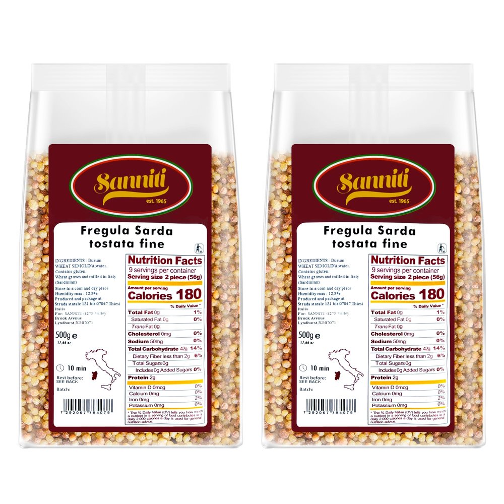 Sanniti Toasted Fregola Sarda FIne Semolina Pasta Fregula Tostata Fina, 17.6 oz (Pack of 2)