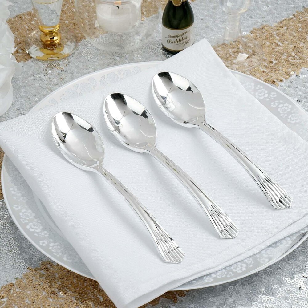 Efavormart 125 Pack - 7" Silver Chambury Heavy Duty Plastic Spoon, Plastic Silverware for Wedding, Birthday, Upscale Occasions, Special Events, Hotels, Restaurants, Family Gatherings, BBQs