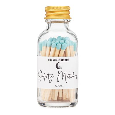 Moonlight Makers Safety Matches, 50 Matchsticks in Glass Jar with Striker, Home Decor Candle Accessories, Fancy Matches with Colored Tips, and Strike Pad - Blue (MB50L)