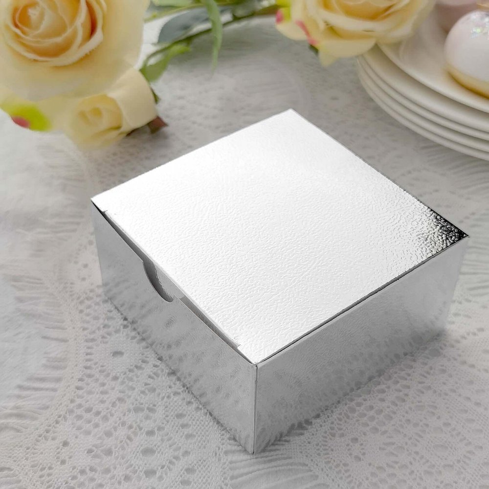 Efavormart 100pcs of 4x4x2 Silver Cake Box for Candy Treat Gift Wrap Box Party Favor Boxes for Bridal Shower Wedding Party