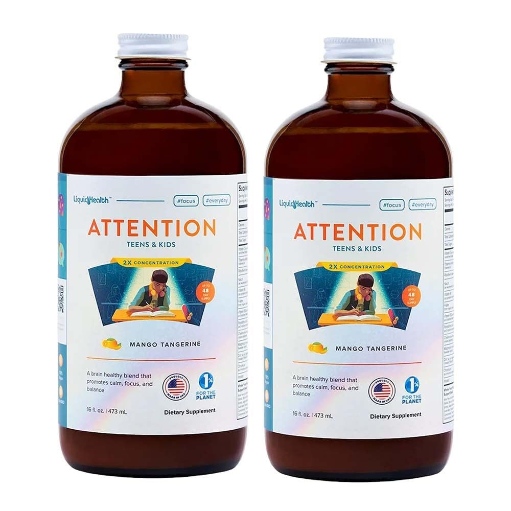 LIQUIDHEALTH Attention, Liquid Multivitamin for Kids & Teens - Improves Memory Retention, Concentration, Focus, Mood, Relaxation & Calming - Made in The USA, Great Taste, Vegan, Sugar-Free (2 Pack)