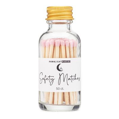 Fancy Matches in Glass Bottle - 50 Matchsticks in Glass Jar with Striker - Home Decor Accessories, Colorful Safety Matches in Cute Match Holder, Decorative Matches, Pink Tipped Matches (MB50L)