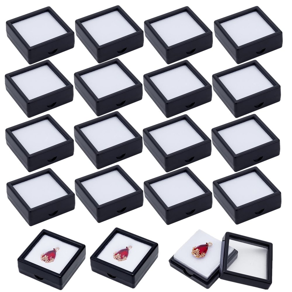 BENECREAT 24PCS Black Gemstone Display Box Jewelry Box Container with Clear Top Lids 1.5x1.5x0.6 for Gems, Jewelry, Crystal Diamond Accessories Display