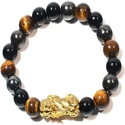 Triple Protection Bracelet Lucky Feng Shui Wealthy Bracelet Tiger's Eye Stone Obsidian Hematite Mens Bracelet for Him (XXL 8 inches)