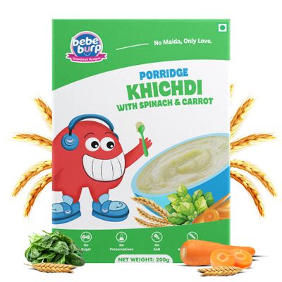 BE'BE' BURP Cereals | Mix Porridge Khichdi Mix Porridge With Spinach & Carrot | No Sugar No Salt | No Artificial Preservatives & Flavours | Real Fruits & Vegetables | Broken Wheat Cereal-200Gm