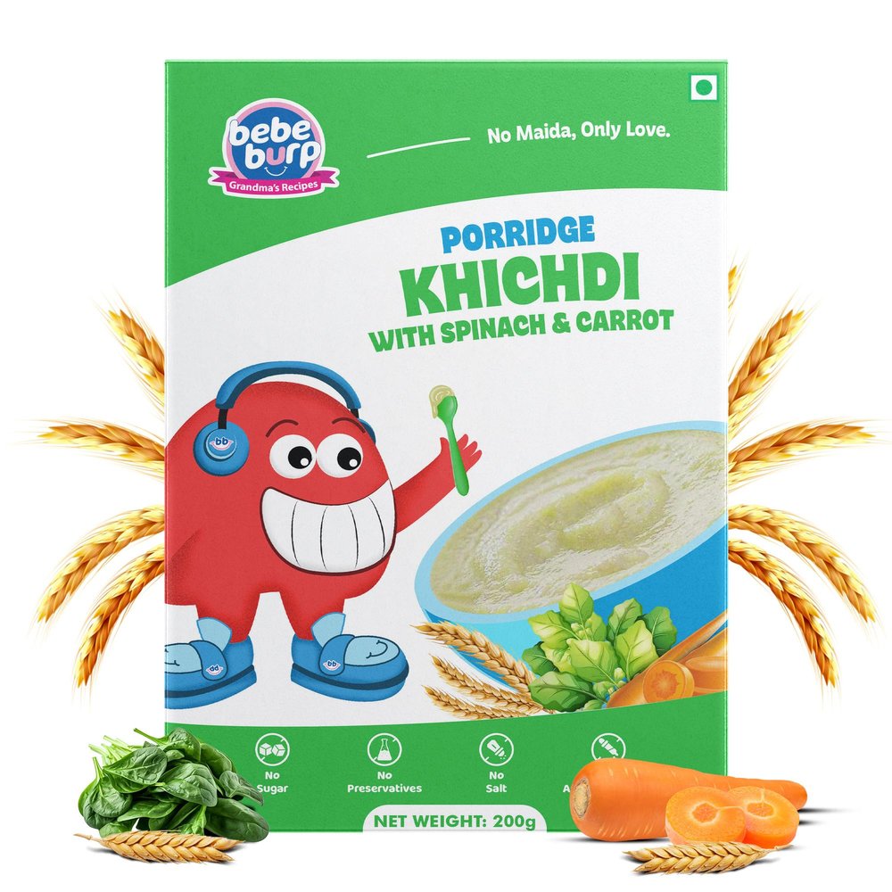 BE'BE' BURP Cereals | Mix Porridge Khichdi Mix Porridge With Spinach & Carrot | No Sugar No Salt | No Artificial Preservatives & Flavours | Real Fruits & Vegetables | Broken Wheat Cereal-200Gm
