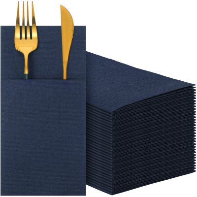 Cindeer 150 Pcs Navy Blue Linen Dinner Feel Napkins with Built in Flatware Pocket Prefolded Paper Disposable Airlaid Guest Hand Towel for Silverware Wedding Reception Christmas Baby Shower