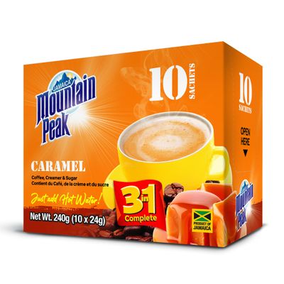 Jamaica Mountain Peak Caramel 3 in 1 Instant Coffee Mix, Coffee Creamer and Cane Sugar (10 Sachets x 24g), Rich Caramel Flavor, Smooth and Creamy, Just Add Water