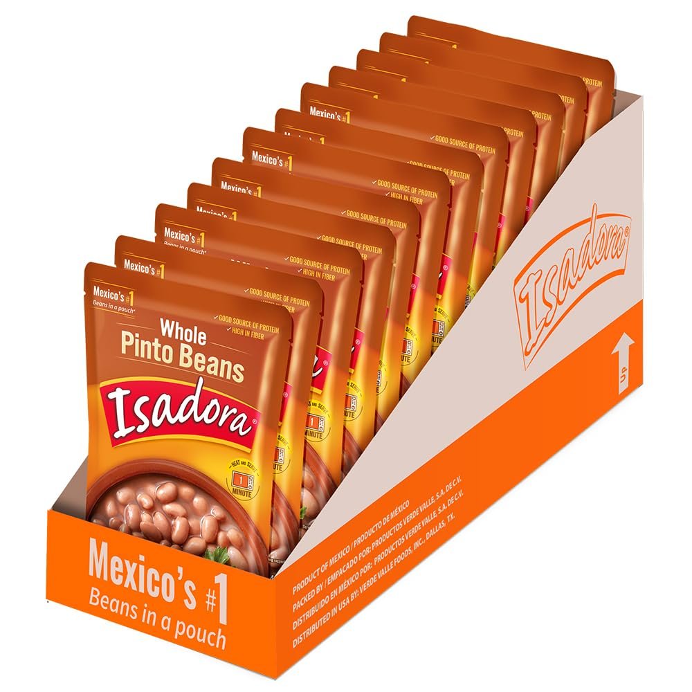Isadora Whole Pinto Beans in Pouch (Pack of 12), Delicious Pinto Beans, Microwave Food Premade Meals, Plant Based Protein,16 oz