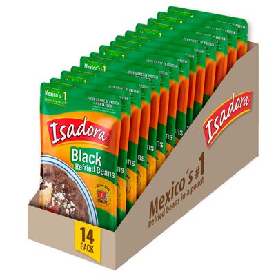 Isadora Black Refried Beans in Pouch (Pack of 14), Delicious Refried Black Beans, Microwave Food Premade Meals, Plant Based Protein,12.3 oz
