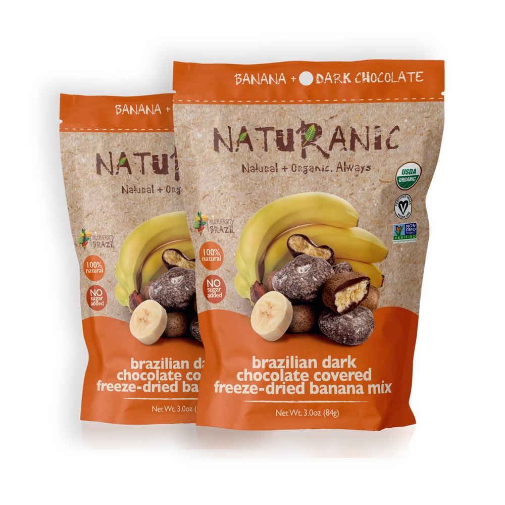 Naturanic Brazilian Dark Chocolate Covered Freeze-Dried Banana Snack, Gluten Free, No sugar, All Natural, Organic, Vegan - Pack of 2