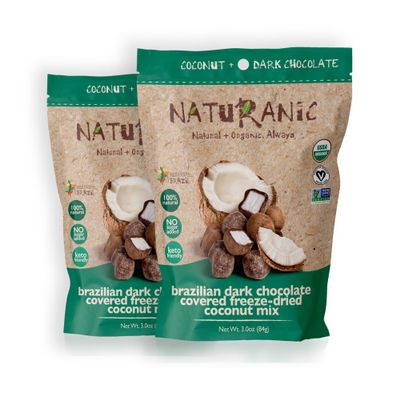 Naturanic Brazilian Dark Chocolate Covered Freeze-Dried Coconut Snack, Zero Carb, Keto Friendly, No Sugar, All Natural, Organic, Vegan - Pack of 2