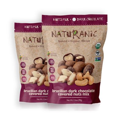 Naturanic Brazilian Dark Chocolate Covered Nuts Snack, No sugar, Keto friendly, Net Carb Zero, All NAtural, Organic, Vegan - Pack of 2