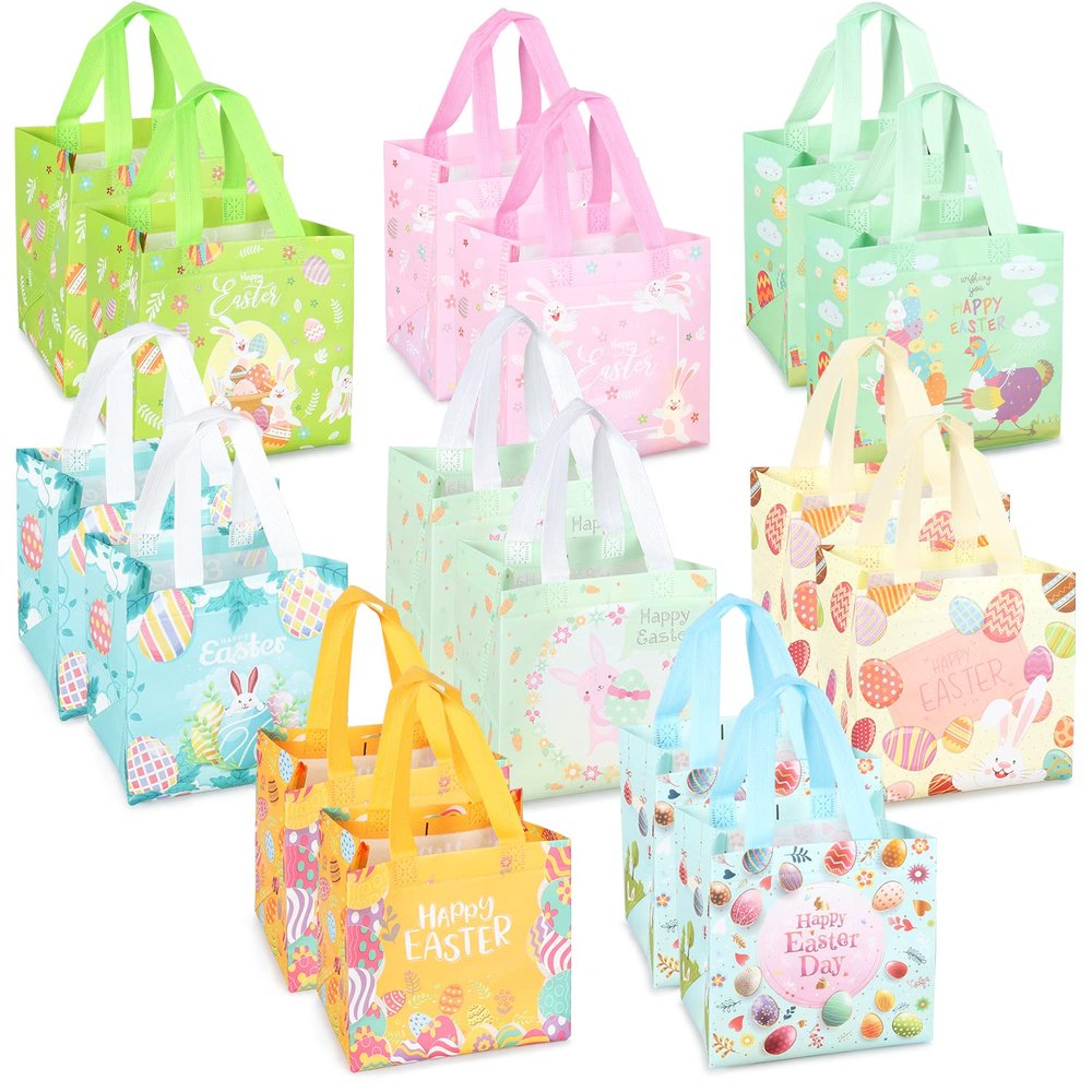 16PCS Happy Easter Egg Hunt Bags Easter Bunny Carrot Chick Egg Gift Bags with Handles, Easter Treat Bags, Easter Party Supplies , 8.37.95.9inch