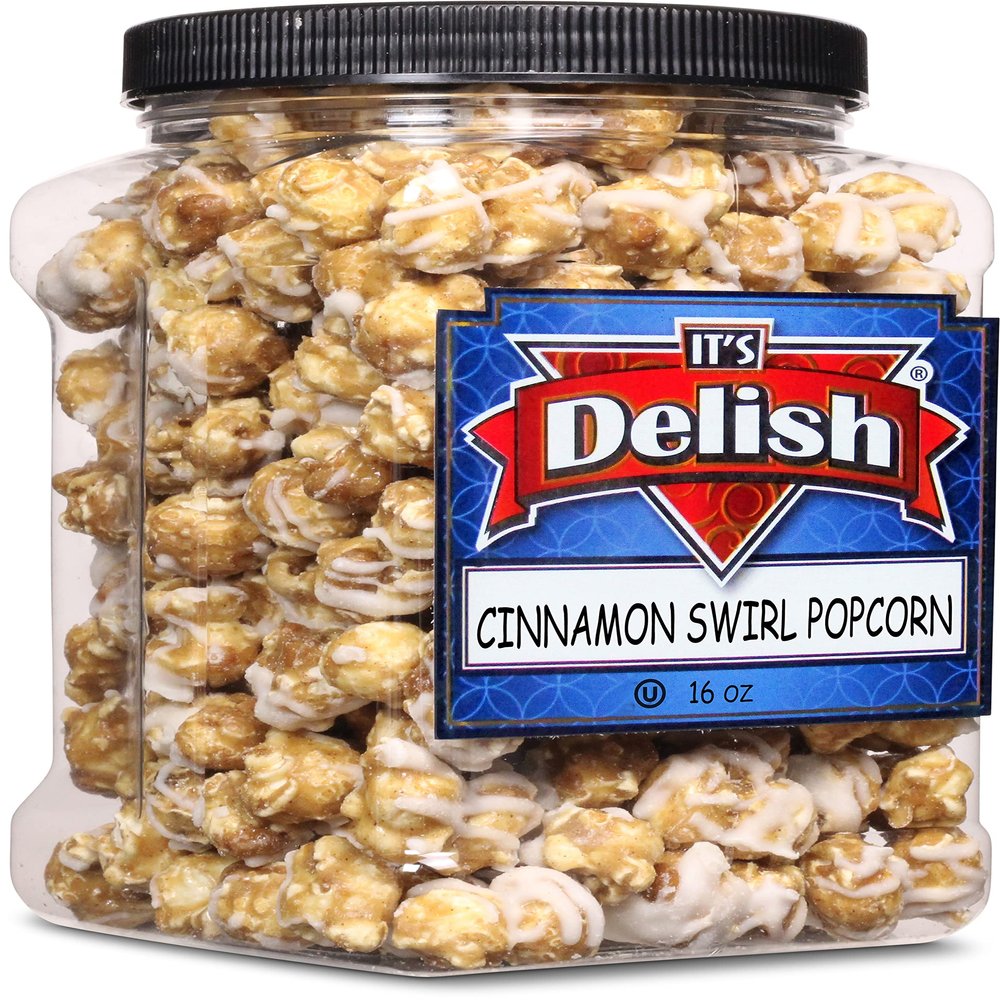 Gourmet Cinnamon Swirl Popcorn by Its Delish, 16 Oz (1 Lb) Jumbo Container Bulk Popcorn, Festive Caramel Air Popped Sweet Crunchy Popcorn with White glaze Corn Snack, Parties  Gluten Free, Vegan, Kosher