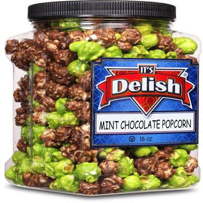 Mint Chocolate Flavored Popcorn by Its Delish, 16 Oz Jumbo Reusable Container, Festive Chocolate Air Popped Sweet Crunchy Popcorn with Mint Corn Snack, Parties Gluten Free, Vegan, Kosher