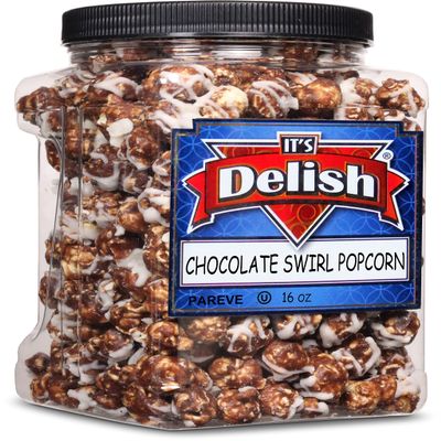 Chocolate Swirl Popcorn by Its Delish, 16 Oz (1 Lb) Jumbo Container Bulk Popcorn, Festive Chocolate Air Popped Sweet Crunchy Popcorn with Chocolate Corn Snack, Parties Gluten Free, Vegan, Kosher