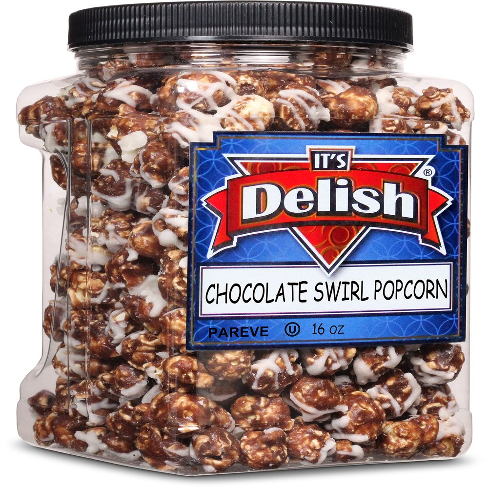 Chocolate Swirl Popcorn by Its Delish, 16 Oz (1 Lb) Jumbo Container Bulk Popcorn, Festive Chocolate Air Popped Sweet Crunchy Popcorn with Chocolate Corn Snack, Parties Gluten Free, Vegan, Kosher