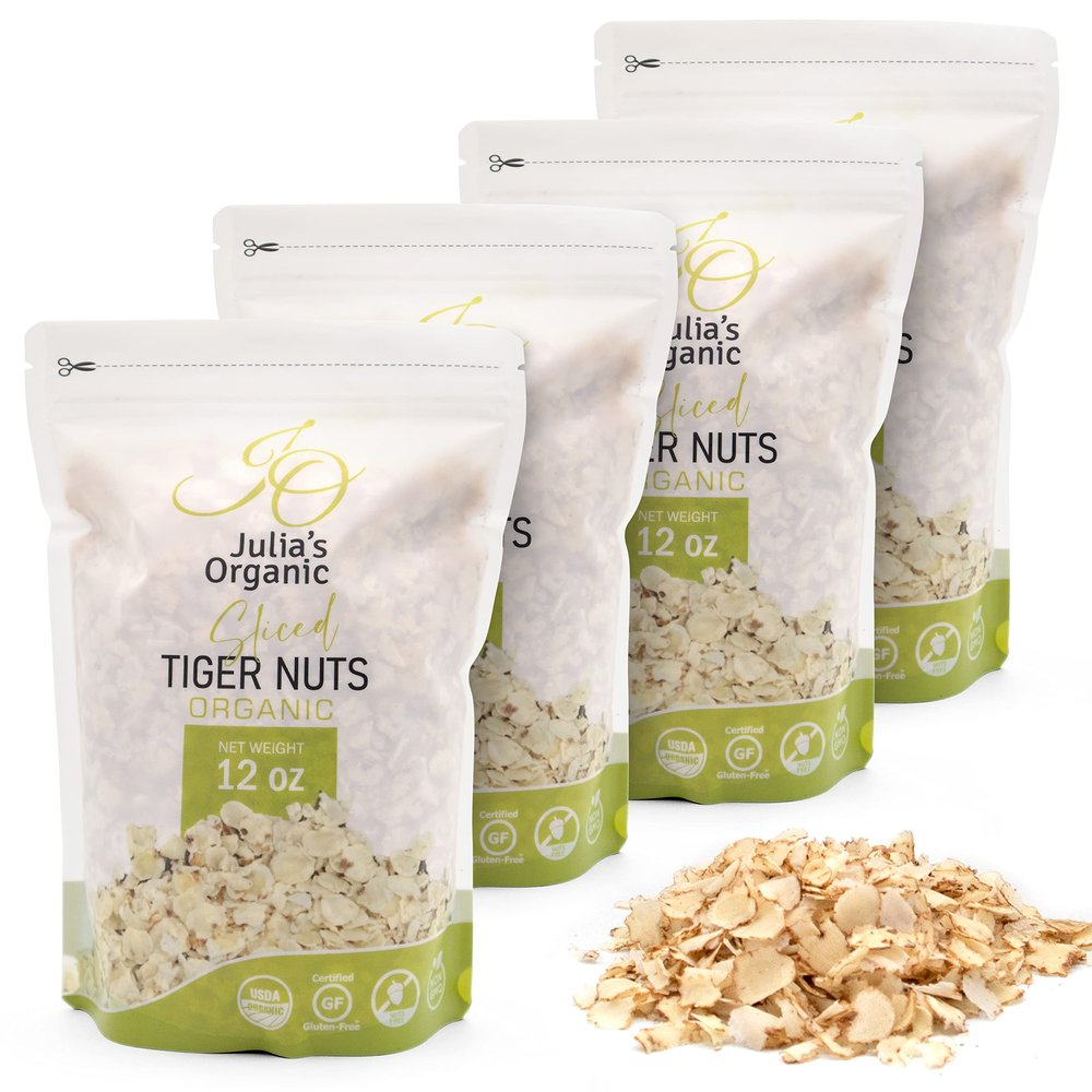 Sliced Tiger Nuts Organic, Thin Cut, Raw & Gluten-Free | High Fiber & Protein Superfood | Smoothie & Cereal Topping | Julias Organic 12 oz (Pack of 4)