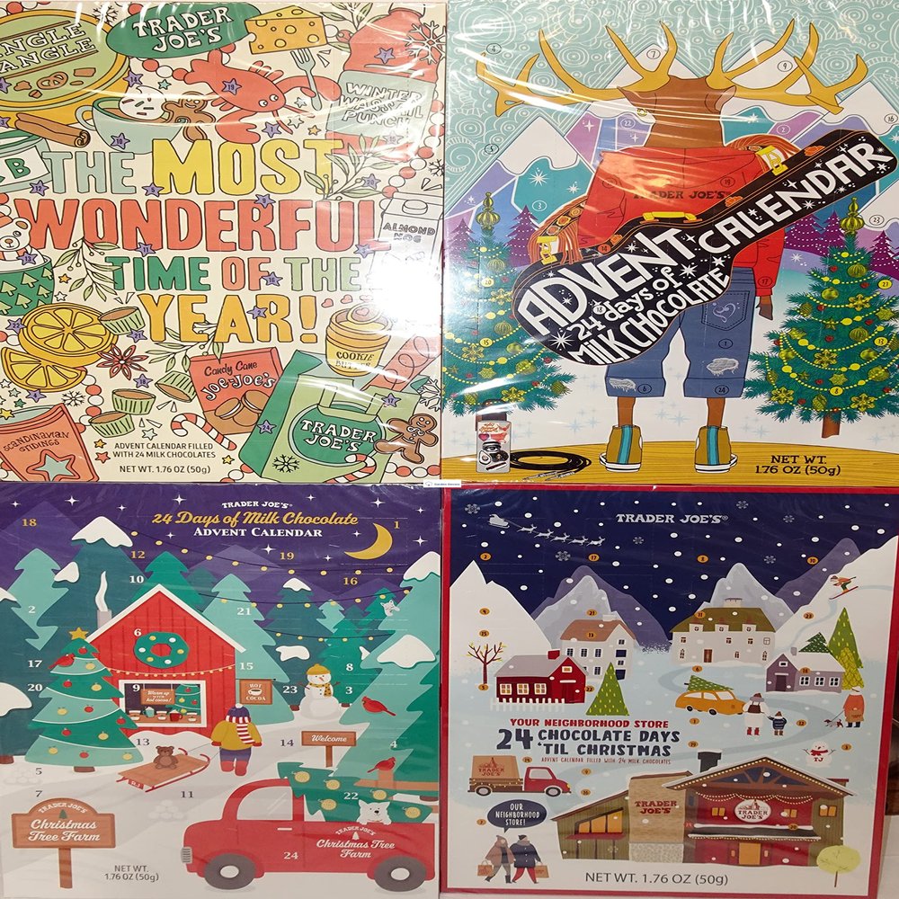 Trader Joes Advent Calendar 24 Milk Chocolate Figures 1.76oz 50g (Four Random Boxes)