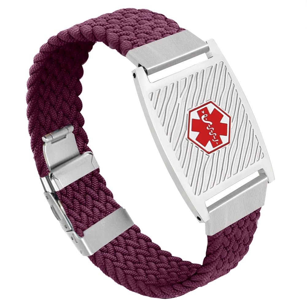 BAIYI HOPE Custom Stainless Steel Medical Alert ID Bracelet Adjustable Nylon Braided Stretch Medical Emergency Identification Bracelets Wristband for Women &Men 6-8in