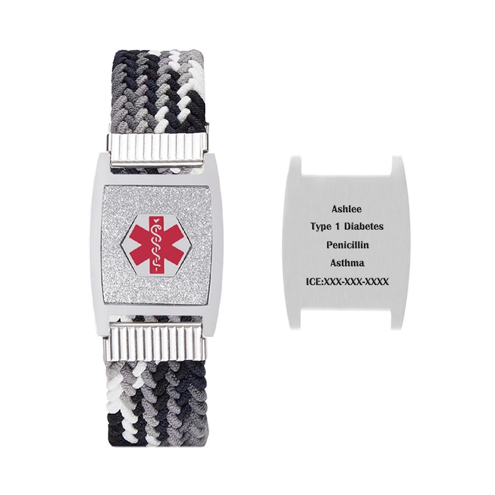 BAIYI HOPE Custom Engraving Medical Alert ID Bracelet for Women Men - Interchangeable Stainless Steel Medic Alarm Tag with Nylon Braided Elastic Rope Medical Emergency ID Bracelet 6-8in Adjustable