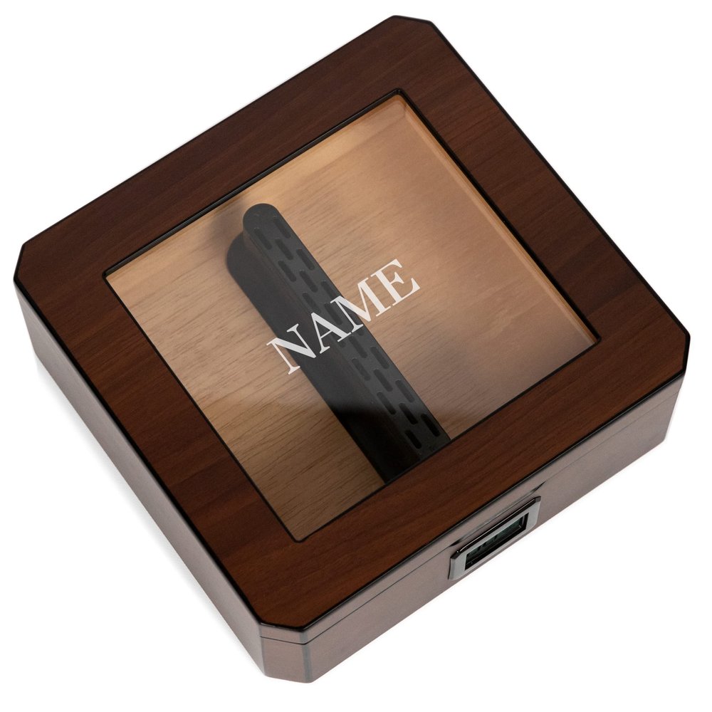 CASE ELEGANCE Monogrammed MAG Cigar Humidor, Walnut Finish, Holds 20-30 Cigars, Glass Top with Magnetic Seal, Octagon Shape, Digital Hygrometer, Spanish Cedar, New Hydro Channel