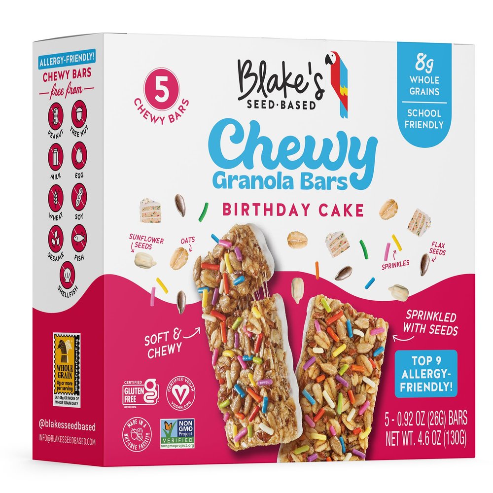 Blakes Seed Based Chewy Granola Bars  Birthday Cake (5 Count), Vegan, Gluten Free, Nut Free & Dairy Free, Healthy Snacks for Kids or Adults, School Safe, Low Calorie Soy Free Snack
