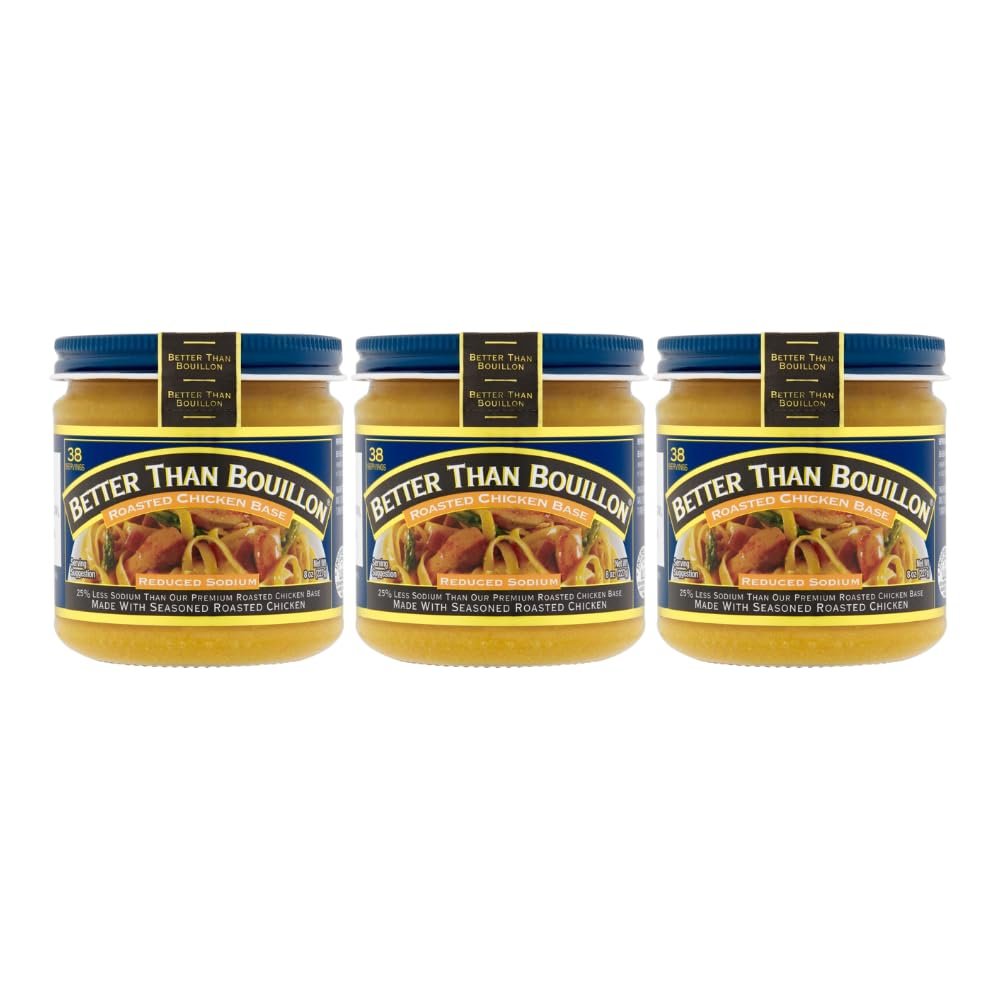 Better Than Bouillon Reduced Sodium Roasted Chicken Base, Made with Seasoned Roasted Chicken & Less Sodium, 38 Servings Per Jar 8 Ounce (Pack of 3)