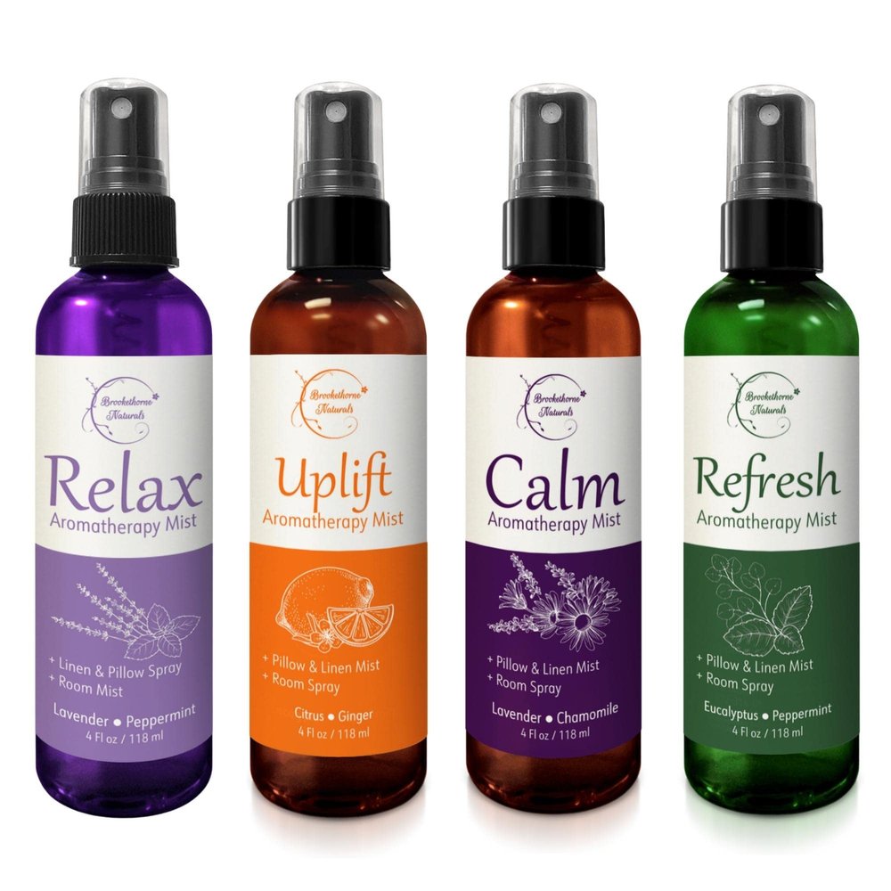 Aromatherapy Mist  Linen, Room & Pillow Spray, Set of 4 Natural Air Fresheners. Essential Oil Spray Variety Pack with Lavender, Chamomile, Eucalyptus, Peppermint & Citrus - Brookethorne Naturals