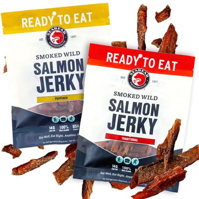 SeaBear Variety Traditional + Peppered Wild King Salmon Jerky 2-Pack Smoked Salmon Jerky, Wild Caught Alaskan Salmon, High-Protein Snack, Cold Smoked & Ready to Eat, Classic Smokehouse Flavor, 2.5 oz Bag (Pack of 2)