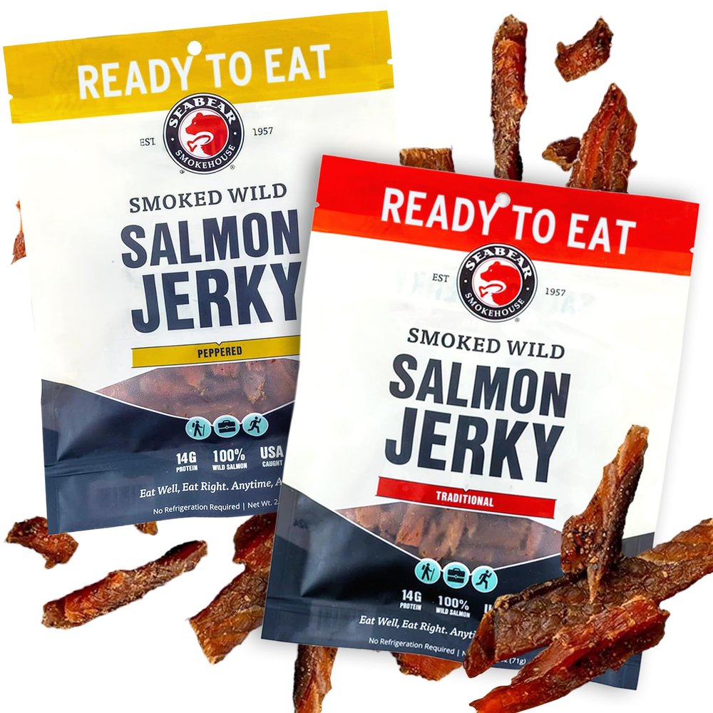 SeaBear Variety Traditional + Peppered Wild King Salmon Jerky 2-Pack Smoked Salmon Jerky, Wild Caught Alaskan Salmon, High-Protein Snack, Cold Smoked & Ready to Eat, Classic Smokehouse Flavor, 2.5 oz Bag (Pack of 2)