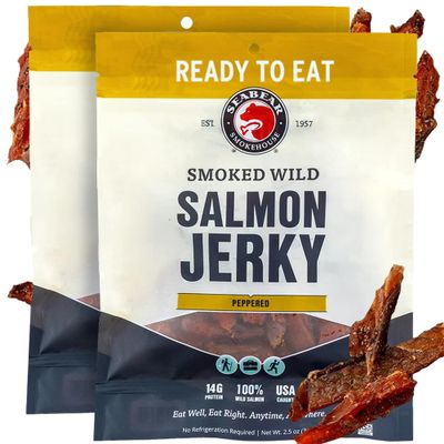 SeaBear Peppered Wild King Salmon Jerky 2-Pack Smoked Salmon Jerky, Wild-Caught Alaskan Salmon, High-Protein Snack, Cold Smoked, Ready to Eat, Cracked Pepper Flavor, 2.5 oz Bag (Pack of 2)
