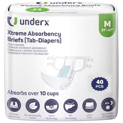 UnderX Xtreme Absorbency Adult Briefs with Tabs - Maximum Absorbency - Heavy-Duty Overnight for Men and Women - Leak-Proof Protection Absorbent Briefs - Comfortable, Latex-Free (Medium) 40 PCS