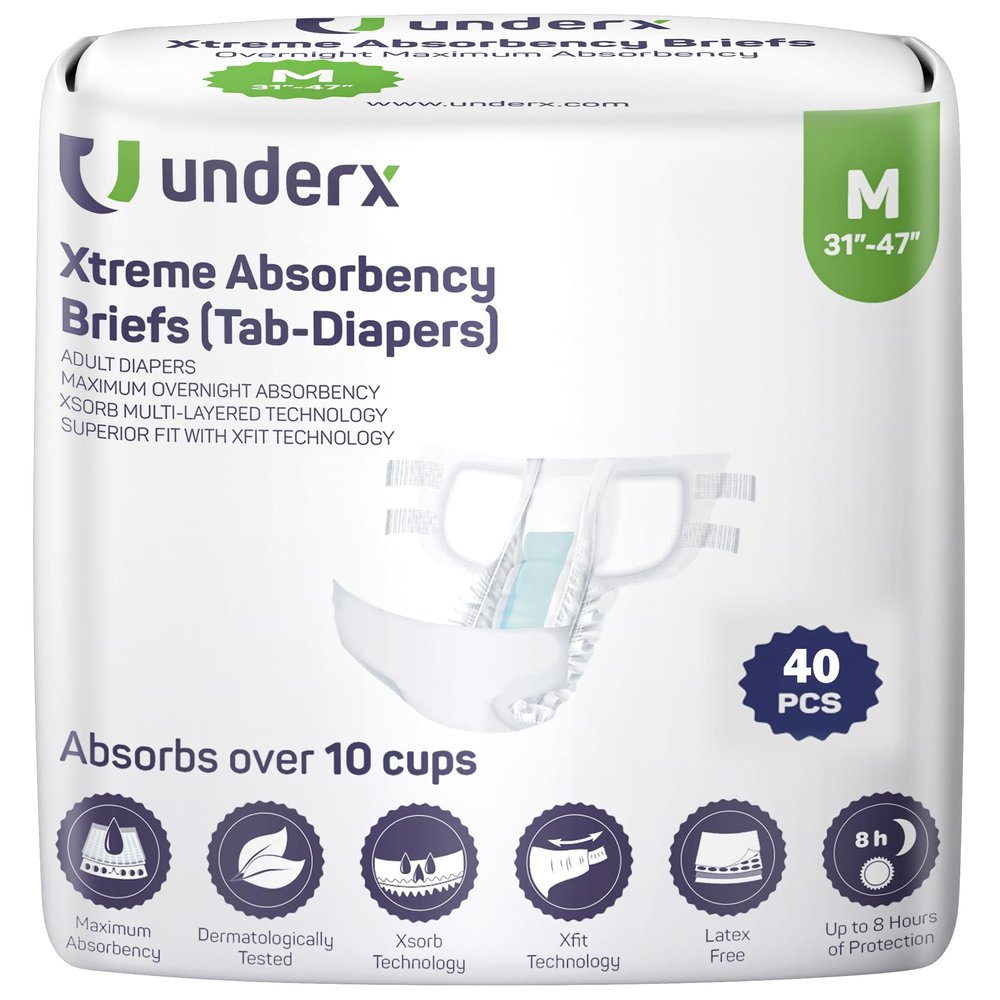 UnderX Xtreme Absorbency Adult Briefs with Tabs - Maximum Absorbency - Heavy-Duty Overnight for Men and Women - Leak-Proof Protection Absorbent Briefs - Comfortable, Latex-Free (Medium) 40 PCS