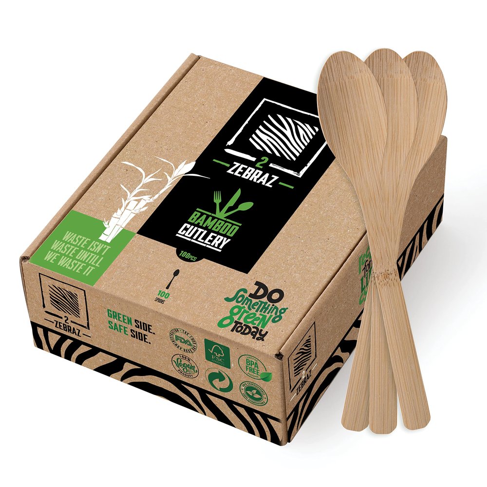 2ZEBRAZ Bamboo Cutlery Set 100 Disposable Spoons | Reusable Smooth Flatware, Heavy-Duty Natural Utensils for Dining and Entertaining