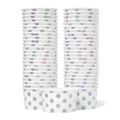MATICAN Paper Ice Cream Cups, 50-Count 5.5-Oz Disposable Dessert Bowls for Hot or Cold Food, 5.5-Ounce Party Supplies Treat Cups for Sundae, Frozen Yogurt, Soup, Silver Foil Polka Dots