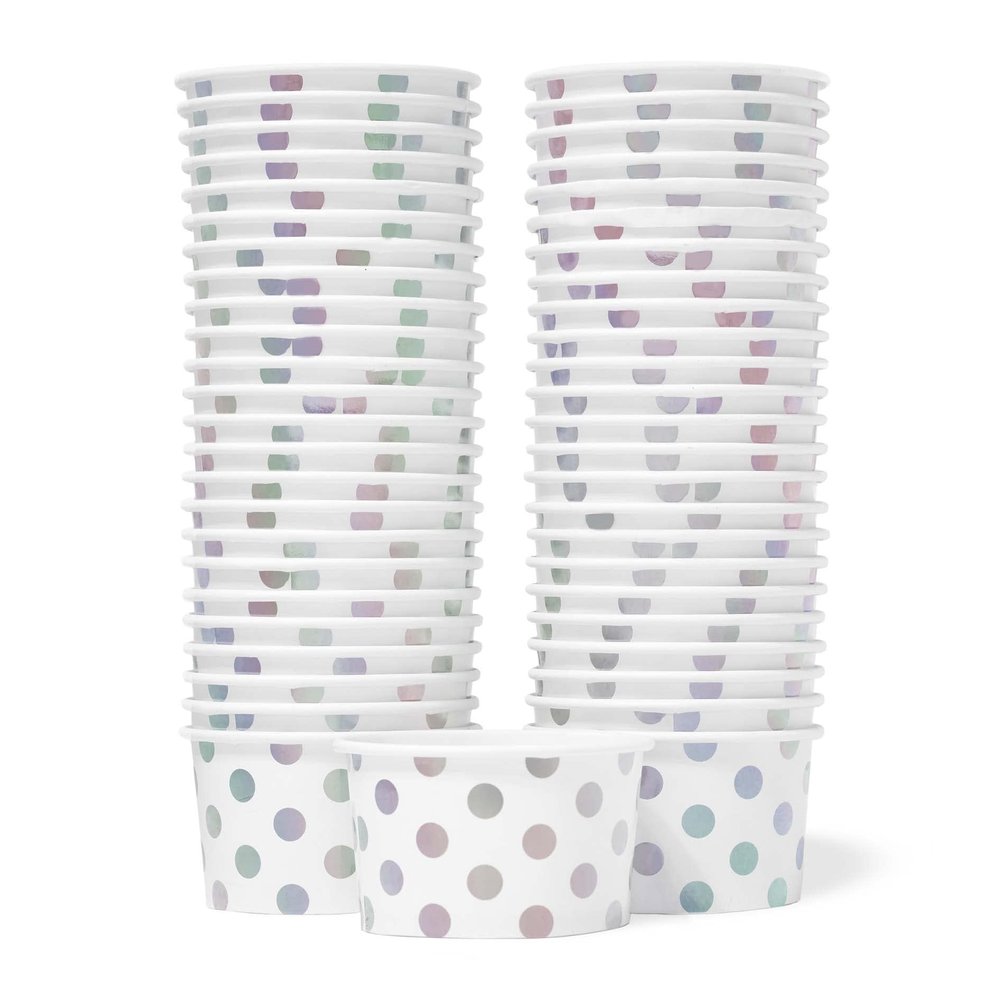MATICAN Paper Ice Cream Cups, 50-Count 5.5-Oz Disposable Dessert Bowls for Hot or Cold Food, 5.5-Ounce Party Supplies Treat Cups for Sundae, Frozen Yogurt, Soup, Silver Foil Polka Dots