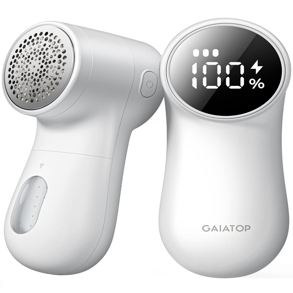GAIATOP Fabric Shaver Rechargeable Lint Remover 3 Speeds Sweater Defuzzer, Cute Digital Screen Large Storage 6-Leaf Blades, Fuzz Pills Bobbles Trimmer for Clothes Furniture Bedclothes White 1 pcs