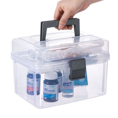 MyGift 10 Inch Premium Clear First Aid Kit Bin with Detachable Tray and Gray Top Handle, Portable Emergency Kit, Medical Supply Travel Tote, Medicine Storage Box Container
