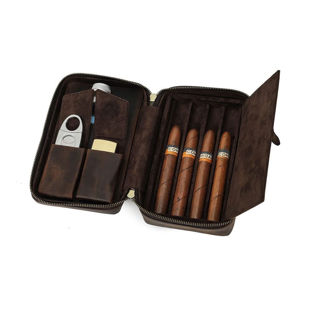 CONTACTS Cigar Humidor Leather Business Cigars Box Travel 5 Finger Cigars Clutch Organizer with Cigar Cutter Slot Lighter Slot