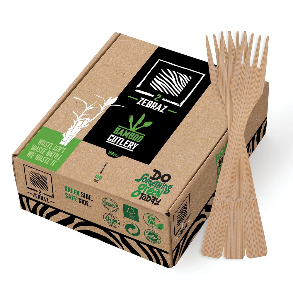 2ZEBRAZ Bamboo Cutlery Set  100 Disposable Forks | Reusable Smooth Flatware, Heavy-Duty Natural Utensils for Dining and Entertaining