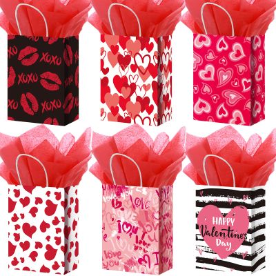 24 Pcs Valentines Day Gift Bag Valentines Kraft Paper Bags with Red Tissue Paper Heart Shaped Treat Goodies Bag Wrapping for Wedding Holiday Party Favor Decorations Kids Classroom Exchange Prizes