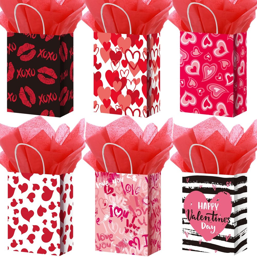 24 Pcs Valentines Day Gift Bag Valentines Kraft Paper Bags with Red Tissue Paper Heart Shaped Treat Goodies Bag Wrapping for Wedding Holiday Party Favor Decorations Kids Classroom Exchange Prizes