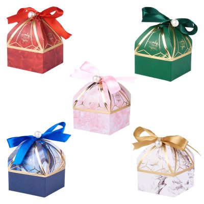 Crafans 30 Sets Paper Wedding Candy Boxes 5 Colors Creative Tower Shape Gift Packaging Boxes with Ribbon Foldable Wedding Gift Boxes for Wedding Christmas Party Favors Valentine's Day