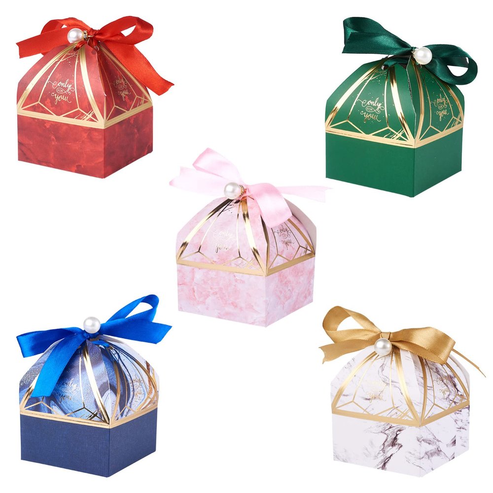 Crafans 30 Sets Paper Wedding Candy Boxes 5 Colors Creative Tower Shape Gift Packaging Boxes with Ribbon Foldable Wedding Gift Boxes for Wedding Christmas Party Favors Valentine's Day